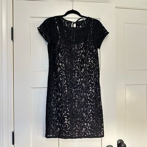 LOFT Black Lace Shift Dress with Attached Tan Slip Size 2
